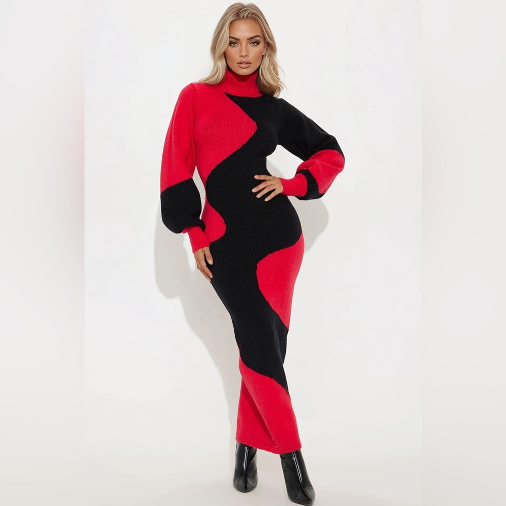 Colorblock Red and Black Knit Midi Dress - Women